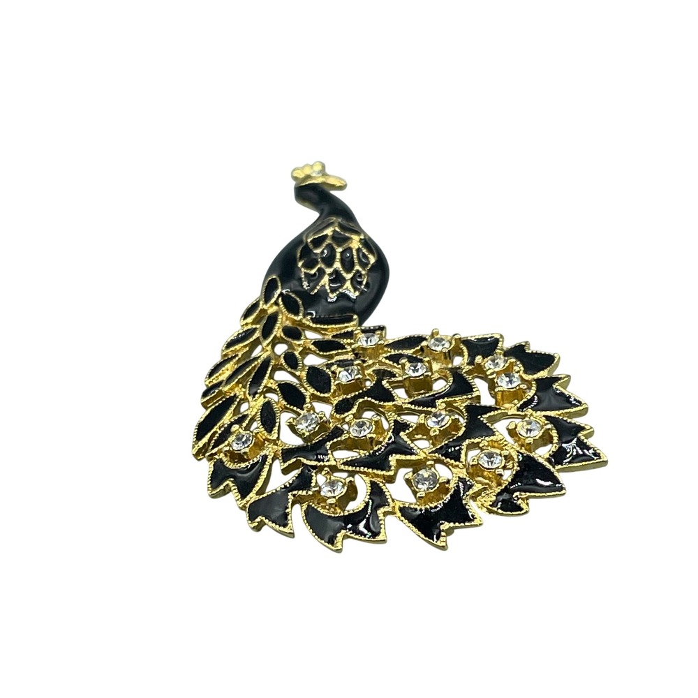 Vintage Gold Tone Black Enamel‎ Peacock Brooch Rhinestone Bird Pin Jewelry